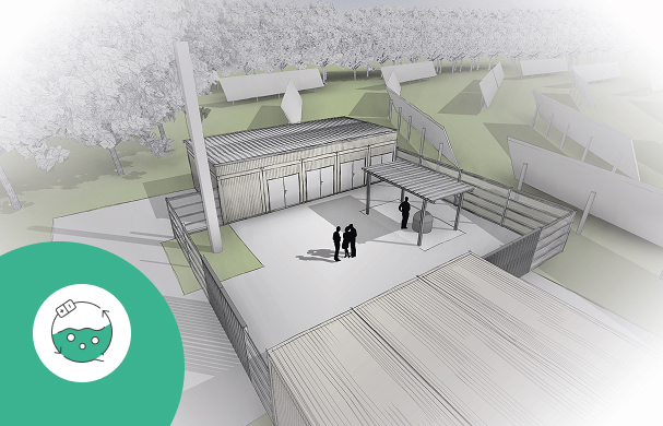 Architectural rendering of the H₂-in-the-Loop facility with a hydrogen technology icon.