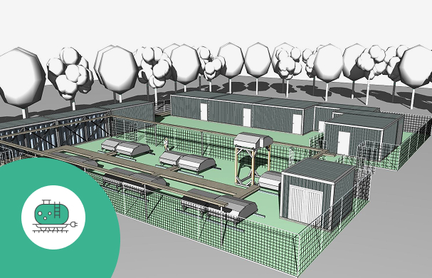 Rendering of the H₂-Rail test infrastructure with rail tracks, containers and a hydrogen technology icon.