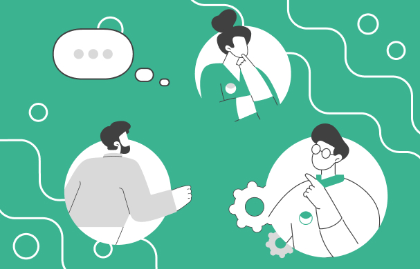 Three people discussing hydrogen technology, with speech bubbles and gear icons in the background.