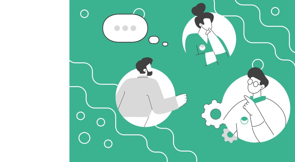 Illustration of the HIP team with researchers, speech bubbles and technical icons in a hydrogen technology context.